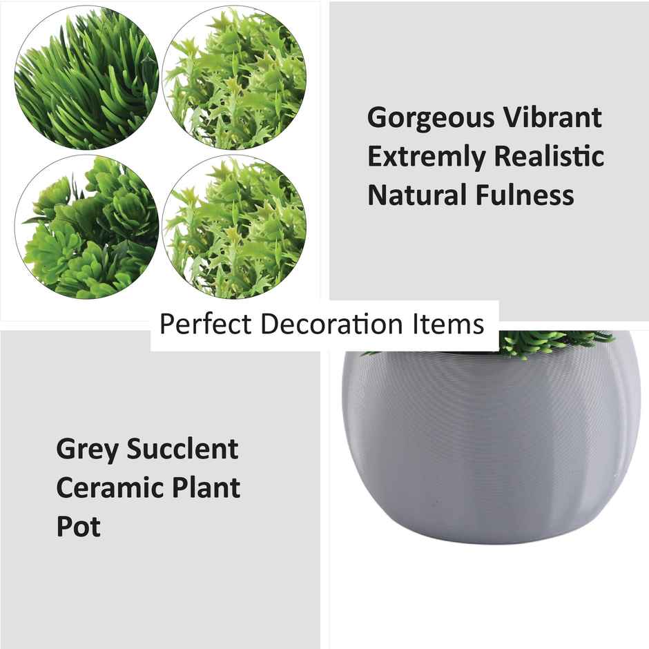 Kuber Industries 4 Pcs Set Plastic Mini Bonsai Artificial Plants with Pot | Puffy - Grey