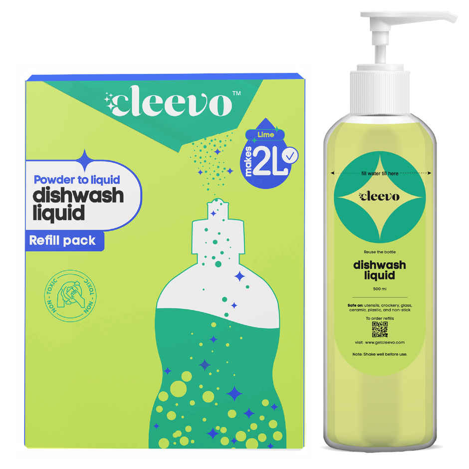 Cleevo Natural Copper Brass & Silver Cleaning Spray Pack Powder To Liquid (1l) & Cleevo Natural Dishwash Liquid Pack Non-Toxic Eco-Friendly Powder To Liquid Lime (2l) Combo