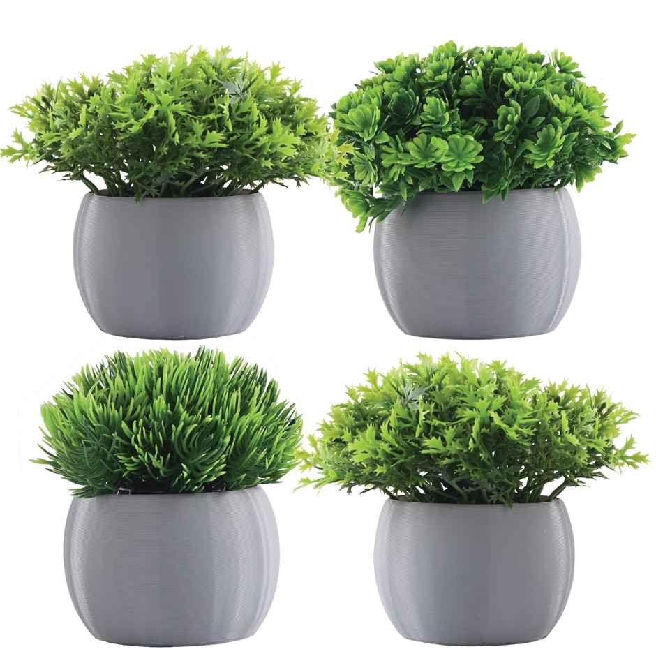 Kuber Industries 4 Pcs Set Plastic Mini Bonsai Artificial Plants with Pot | Puffy - Grey