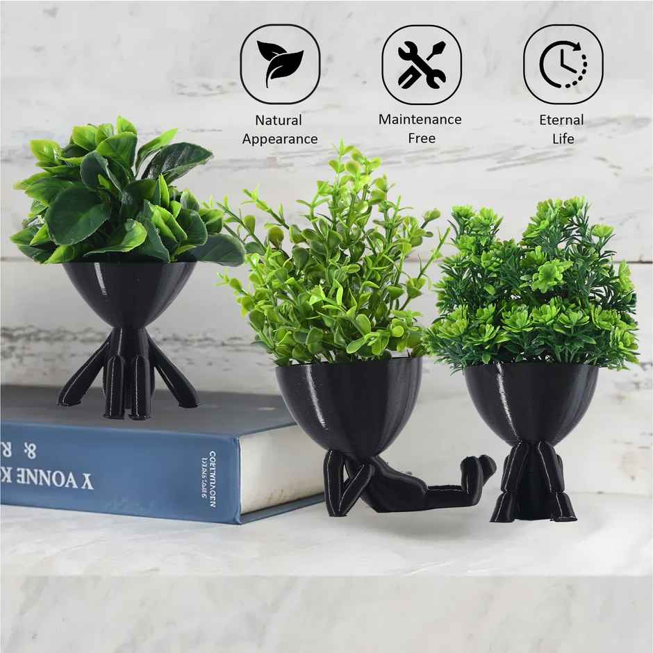 Kuber Industries 3 Pcs Set Plastic Mini Artificial Plants with Pot | Man Shape - Black