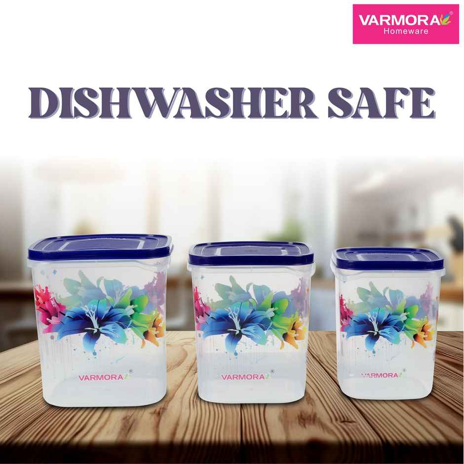 Varmora Glory Square Flower Plastic Grocery Storage Container- Set of 3 - Blue