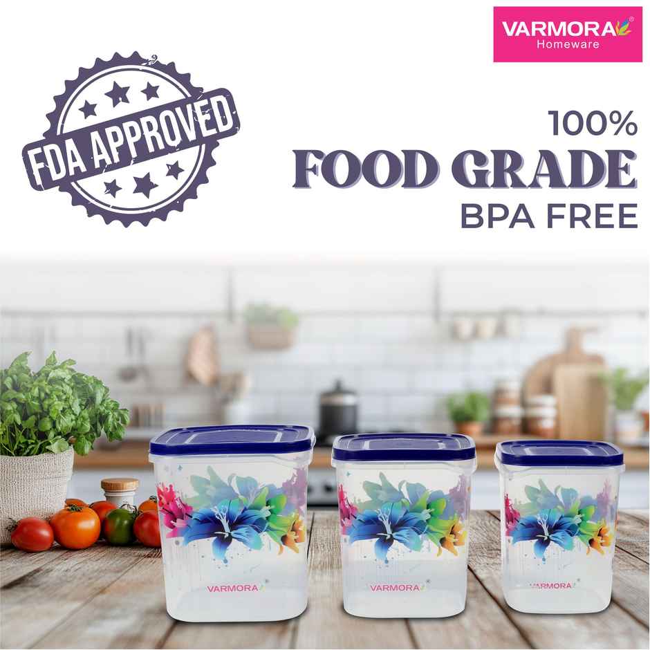 Varmora Glory Square Flower Plastic Grocery Storage Container- Set of 3 - Blue