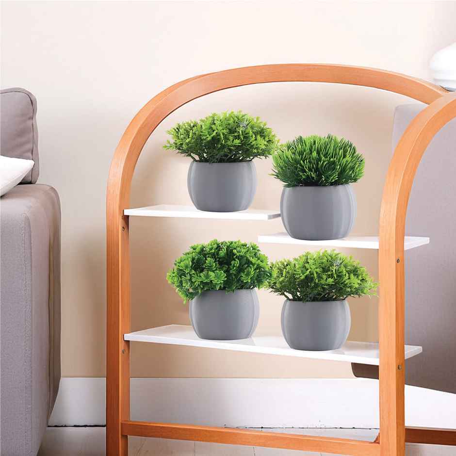 Kuber Industries 4 Pcs Set Plastic Mini Bonsai Artificial Plants with Pot | Puffy - Grey