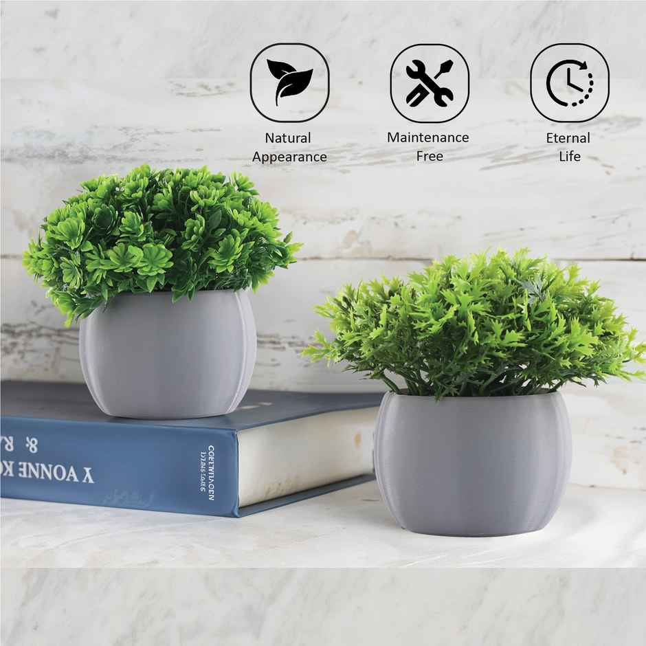 Kuber Industries 4 Pcs Set Plastic Mini Bonsai Artificial Plants with Pot | Puffy - Grey