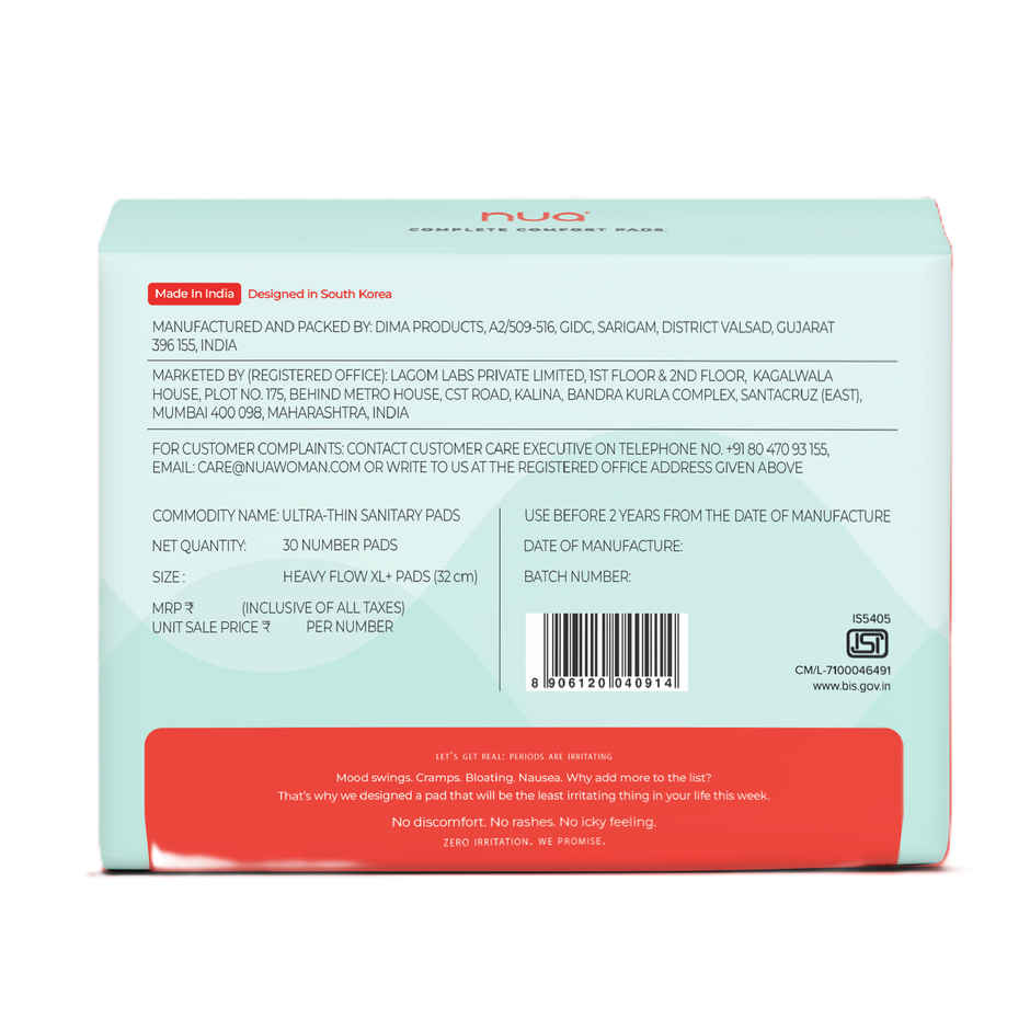 Nua Complete Comfort Sanitary Pads For Heavy Flow| 30 Xl+ (30pc) & Nua Cramp Comfort Heat Patches For Period Pain (3pc) Combo