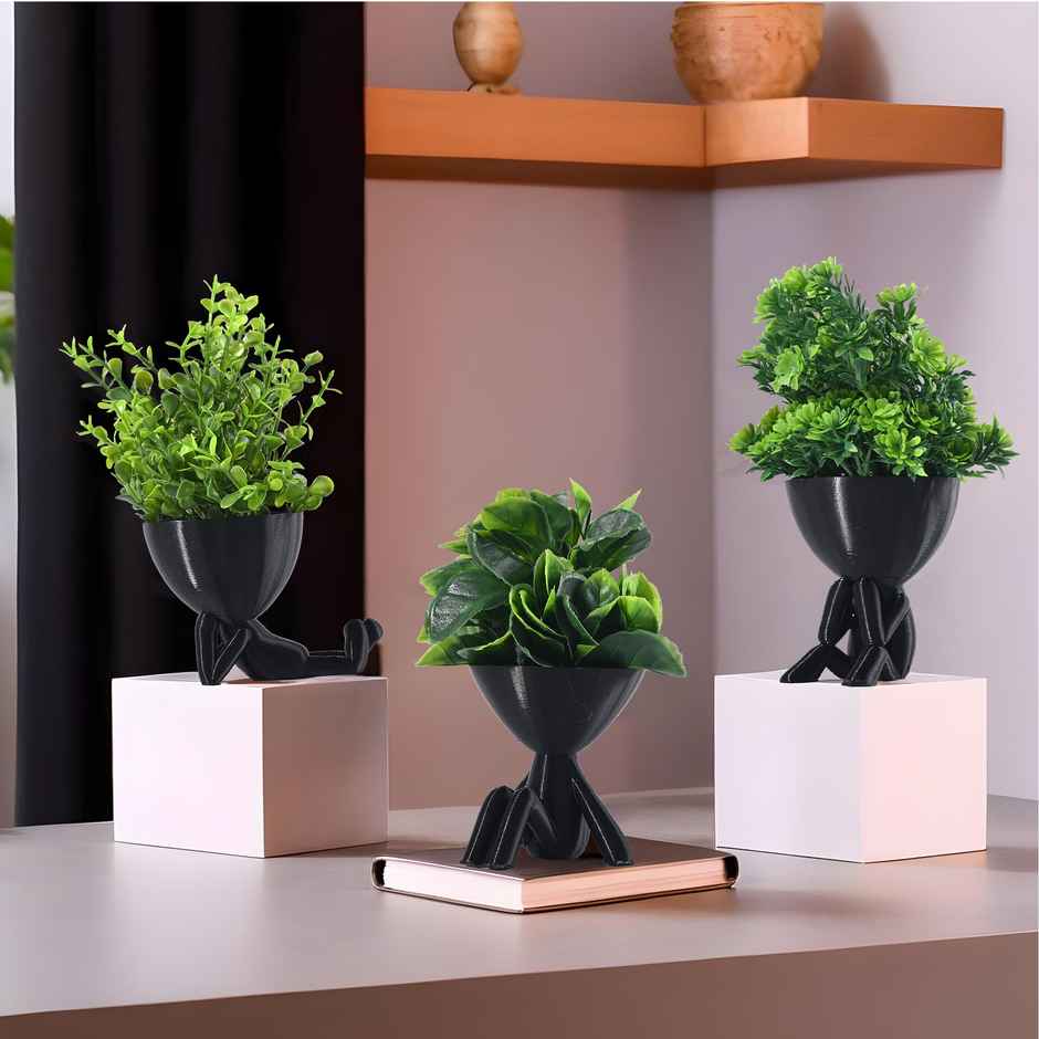 Kuber Industries 3 Pcs Set Plastic Mini Artificial Plants with Pot | Man Shape - Black