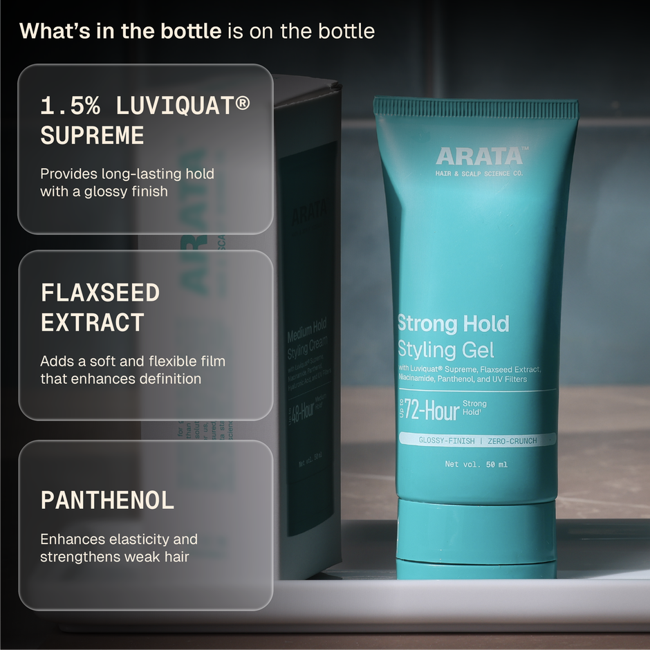 Arata Strong Hold Styling Gel with Flaxseed Extract & UV Filters for Glossy Look
