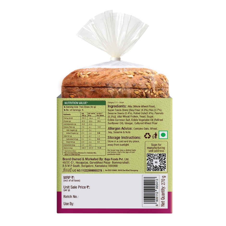 Protein Chef 5 Super Foods Multigrain Bread (54 g Protein / Zero Maida / Premium Brown Atta Bread)