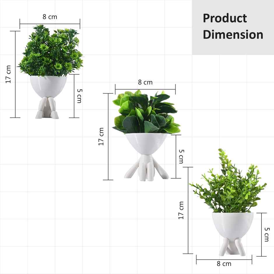 Kuber Industries 3 Pcs Set Plastic Mini Artificial Plants with Pot | Man Shape - White