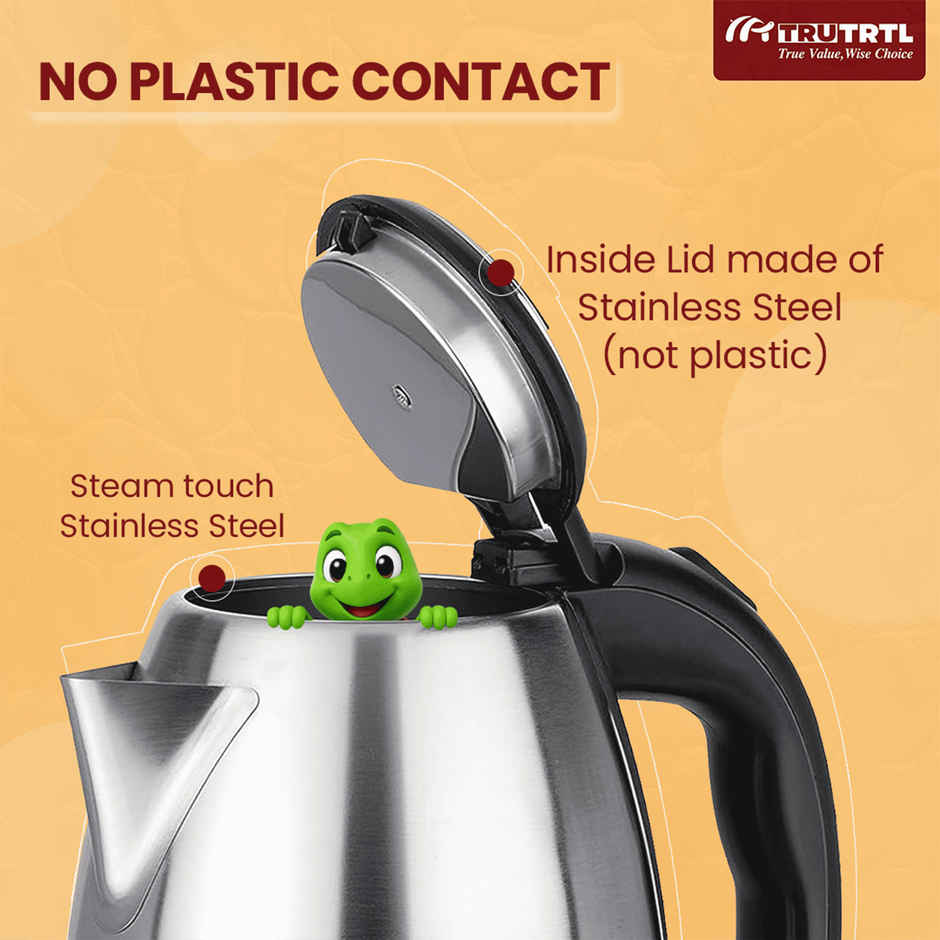 truTRTL 1500W Sizzle Electric Kettle for Boiling & Hot Water, 1.5 Litre, Inner Lid Stainless Steel, 0.26mm thick SS body, Auto cut off - Silver & Black