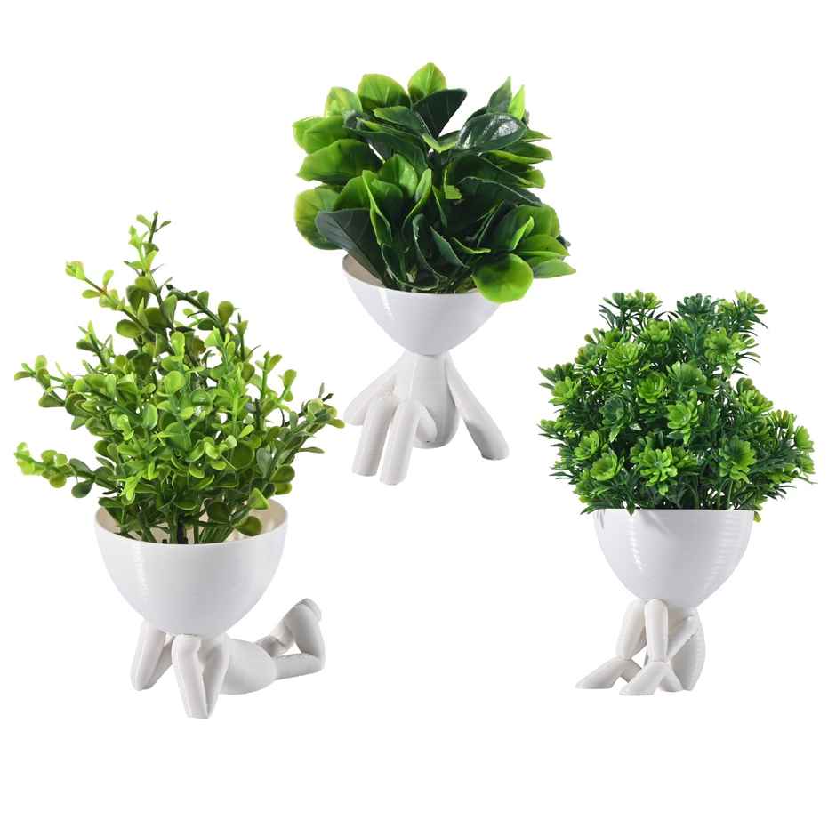 Kuber Industries 3 Pcs Set Plastic Mini Artificial Plants with Pot | Man Shape - White