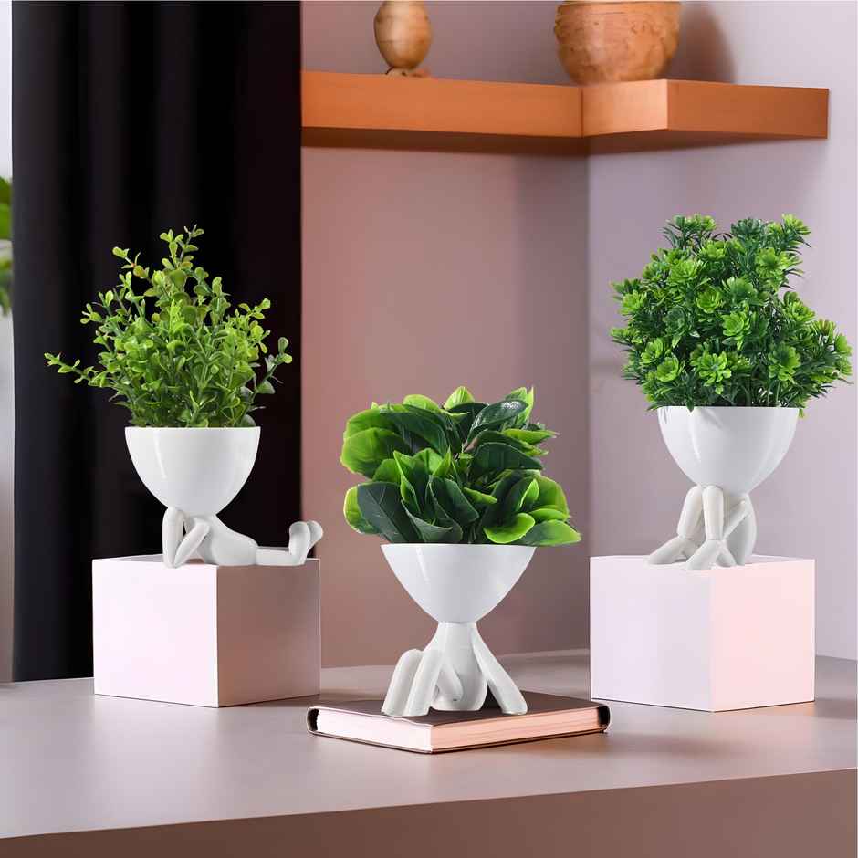 Kuber Industries 3 Pcs Set Plastic Mini Artificial Plants with Pot | Man Shape - White