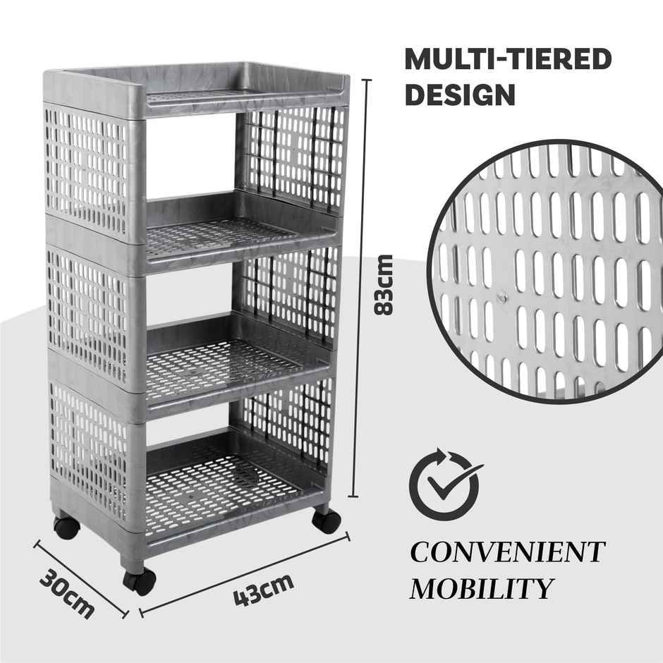 Kuber Industries 4-Shelf Storage Rack with Wheels | Multipurpose Organizer for Home & Office | Grey