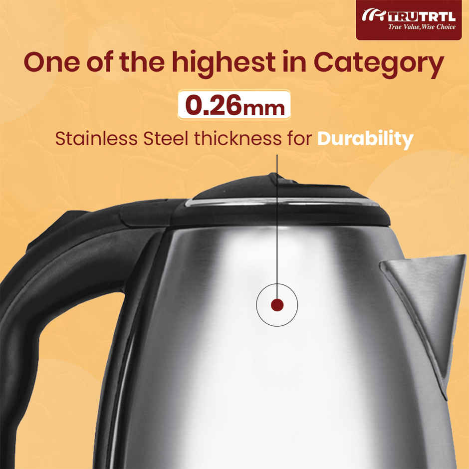 truTRTL 1500W Sizzle Electric Kettle for Boiling & Hot Water, 1.5 Litre, Inner Lid Stainless Steel, 0.26mm thick SS body, Auto cut off - Silver & Black
