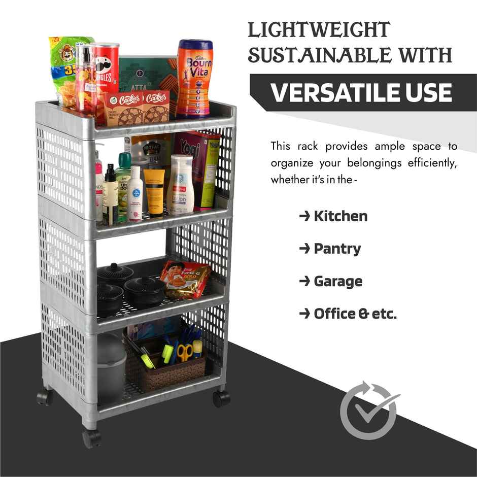 Kuber Industries 4-Shelf Storage Rack with Wheels | Multipurpose Organizer for Home & Office | Grey