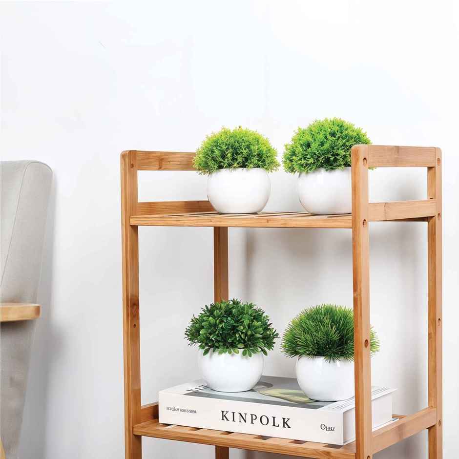 Kuber Industries 4 Pcs Set Plastic Mini Bonsai Artificial Plants with Pot | Puffy - White