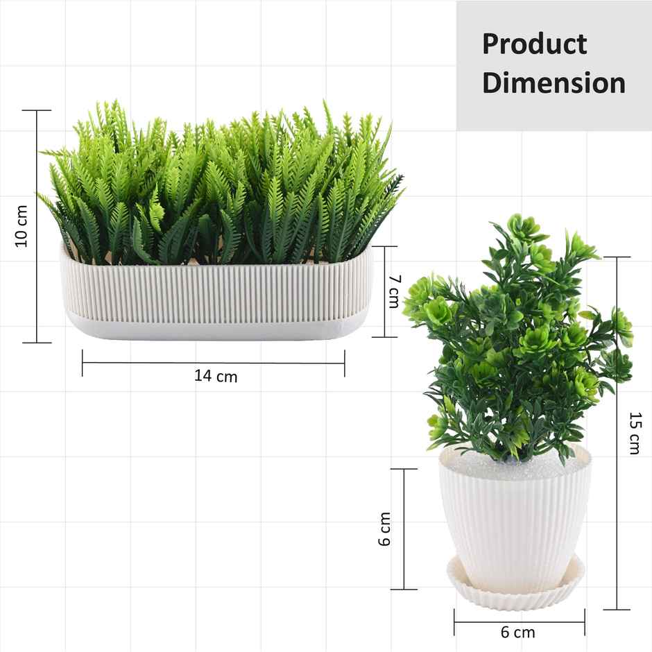 Kuber Industries 3 Pcs Set Plastic Mini Artificial Plants with Pot and Tray | 1002 - White
