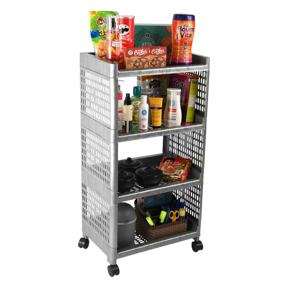 Kuber Industries 4-Shelf Storage Rack with Wheels | Multipurpose Organizer for Home & Office | Grey