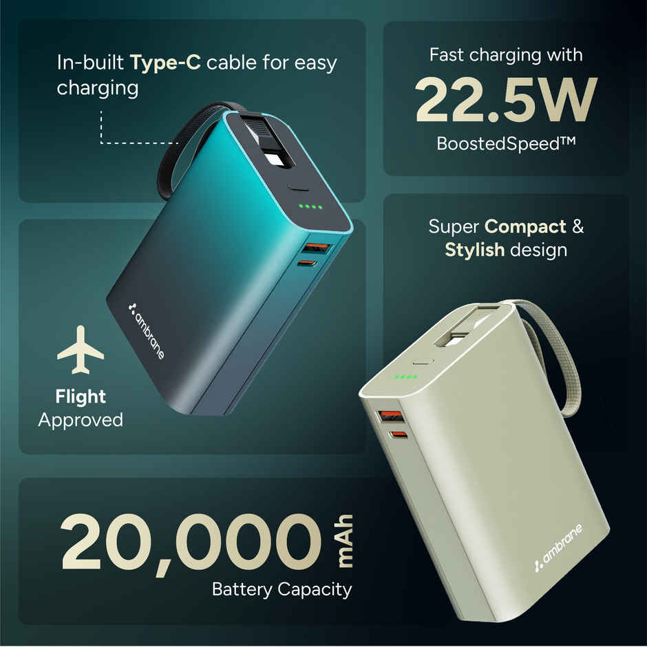 Ambrane 20000 mAh Mini Powerbank | 22.5W Fast Charge Inbuilt Type-C Cable PD | Black - Gray