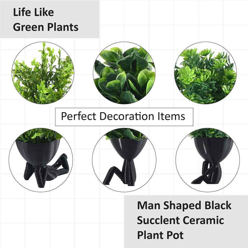 Kuber Industries 3 Pcs Set Plastic Mini Artificial Plants with Pot | Man Shape - Black