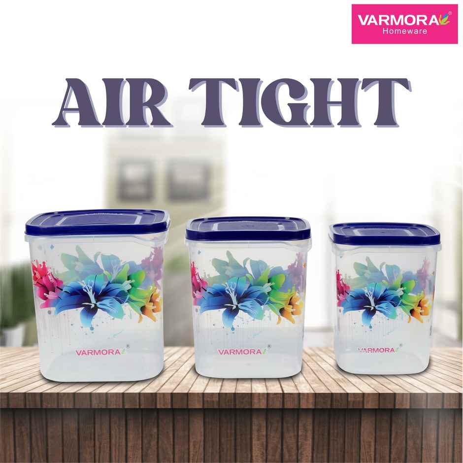 Varmora Glory Square Flower Plastic Grocery Storage Container- Set of 3 - Blue