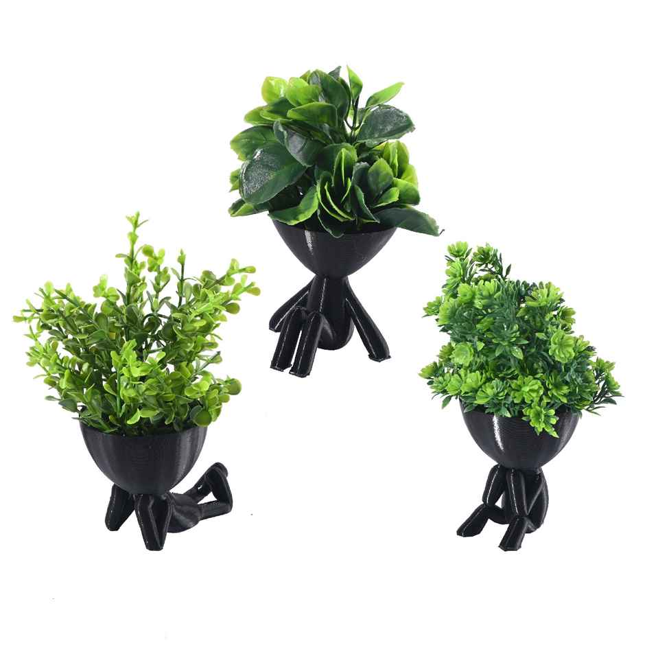 Kuber Industries 3 Pcs Set Plastic Mini Artificial Plants with Pot | Man Shape - Black