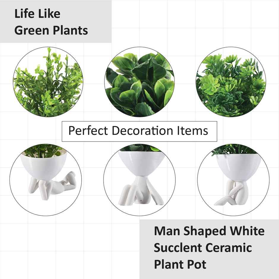 Kuber Industries 3 Pcs Set Plastic Mini Artificial Plants with Pot | Man Shape - White