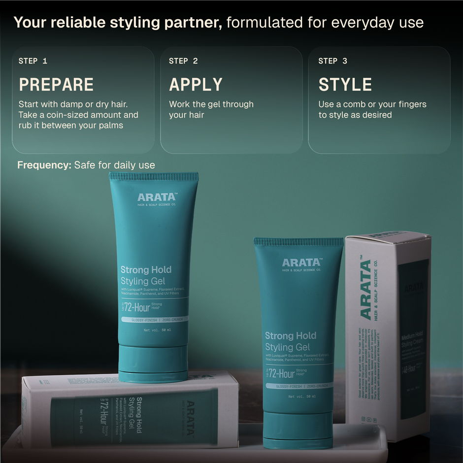 Arata Strong Hold Styling Gel with Flaxseed Extract & UV Filters for Glossy Look