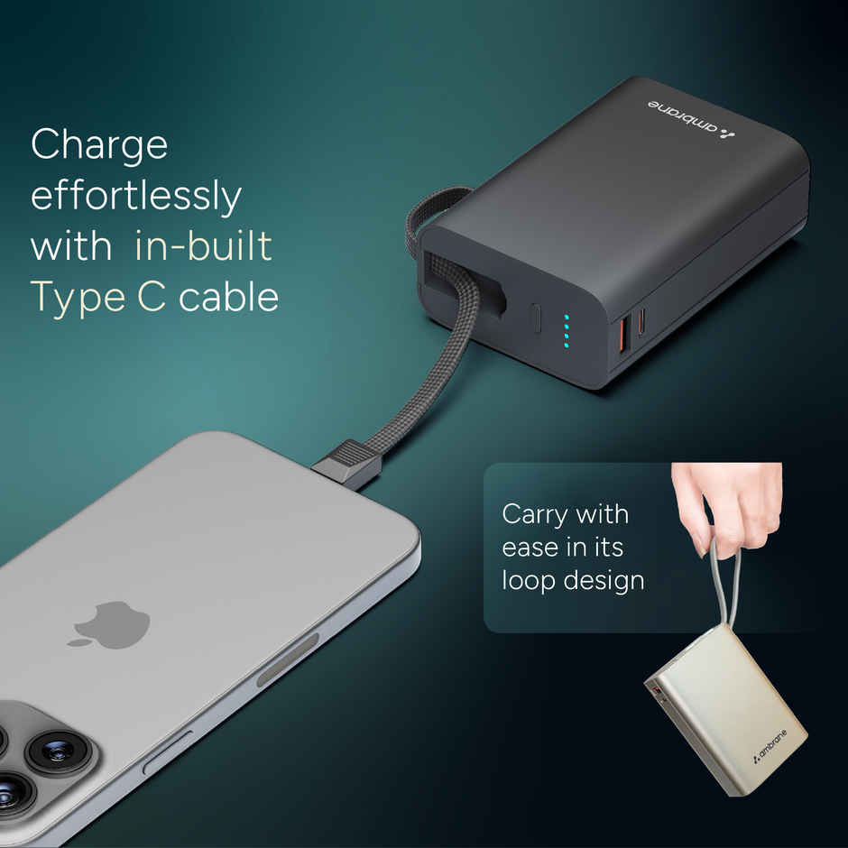 Ambrane 20000 mAh Mini Powerbank | 22.5W Fast Charge Inbuilt Type-C Cable PD | Black - Gray