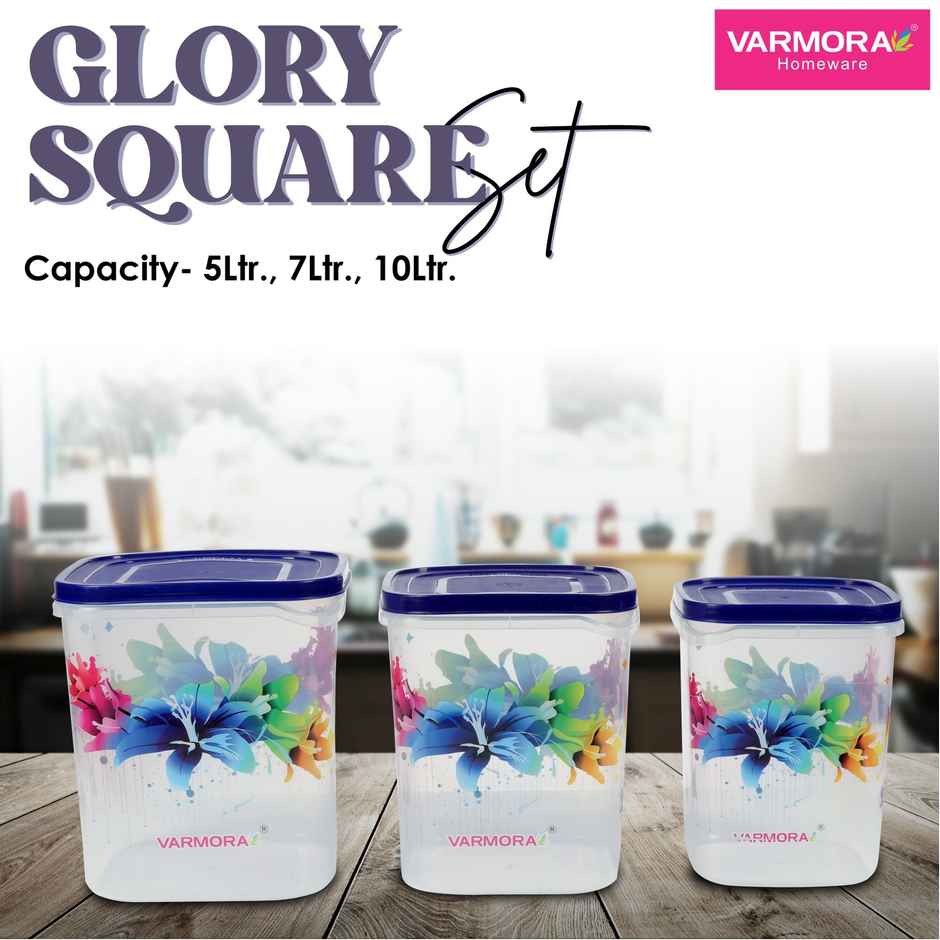 Varmora Glory Square Flower Plastic Grocery Storage Container- Set of 3 - Blue