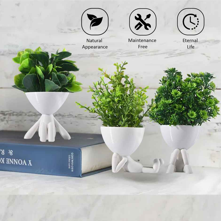 Kuber Industries 3 Pcs Set Plastic Mini Artificial Plants with Pot | Man Shape - White