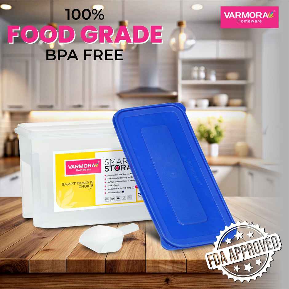 Varmora Plastic Smart Storage Grocery Container - 10 kg- Blue- Airtight