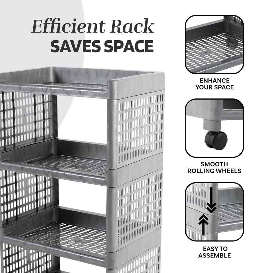 Kuber Industries 4-Shelf Storage Rack with Wheels | Multipurpose Organizer for Home & Office | Grey