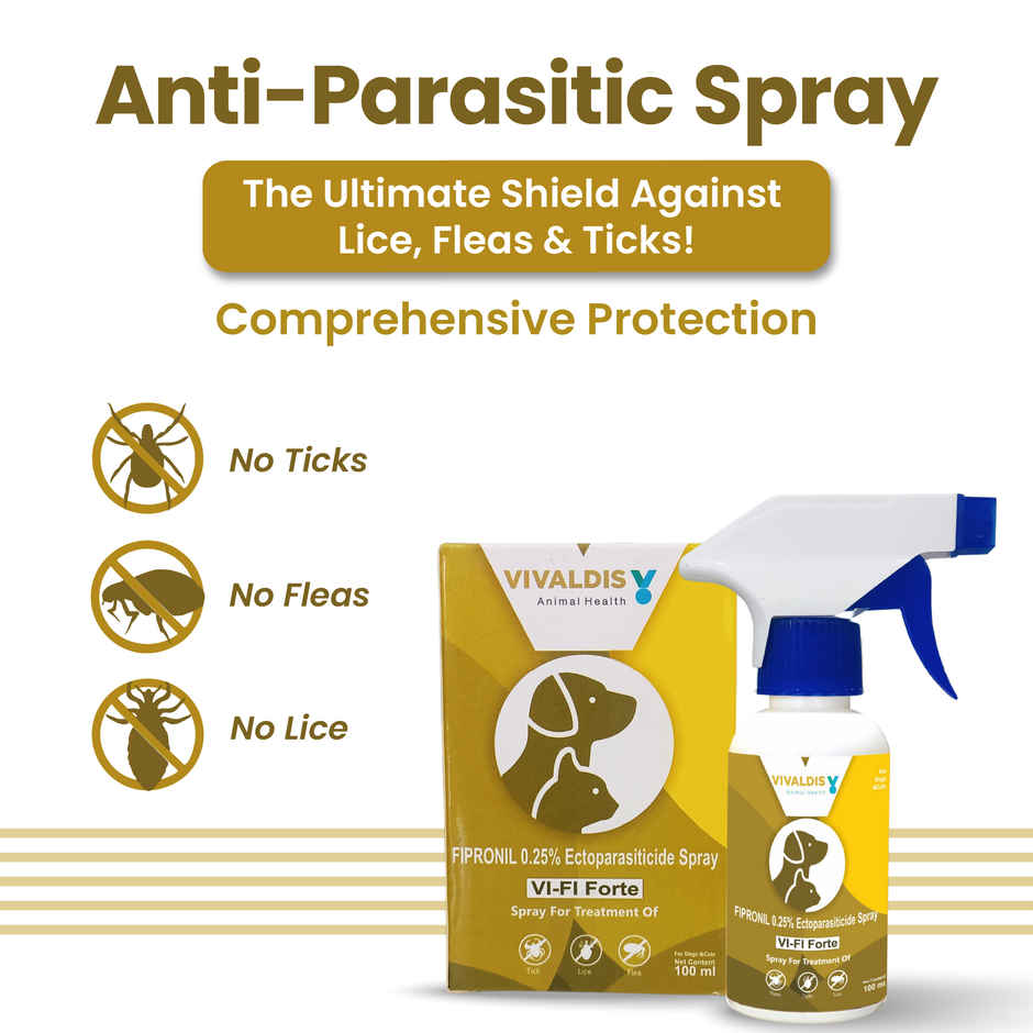 Vivaldis Anti Tick, Flea & Lice Treatment Spot On For Dogs | Vi-Fi Forte | 10-20 Kg (1.34ml) & Vivaldis Vi-Fi Forte-Tick, Flea, Lice Spray For Dogs, Cats, Kitten & Puppies With Fipronil (100ml) Combo