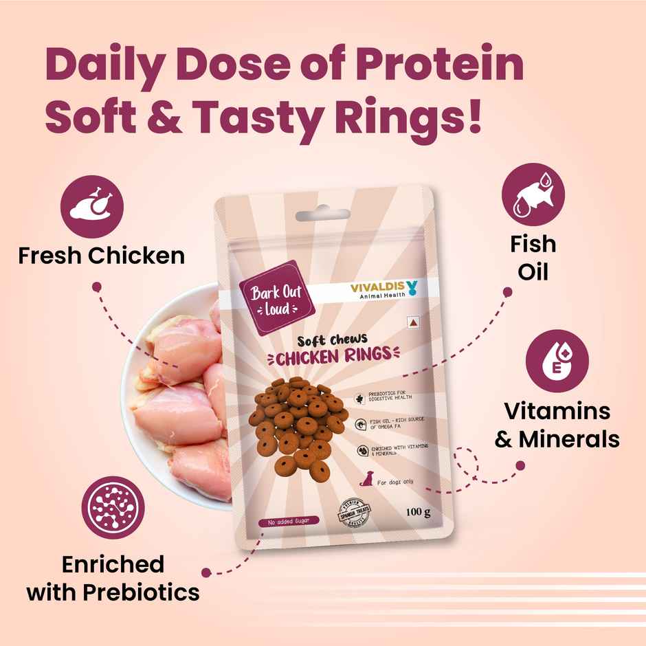 Bark Out Loud | Chicken Rings Dog Treats | Soft Chews with Prebiotics| Snacks for Dogs 100 gms