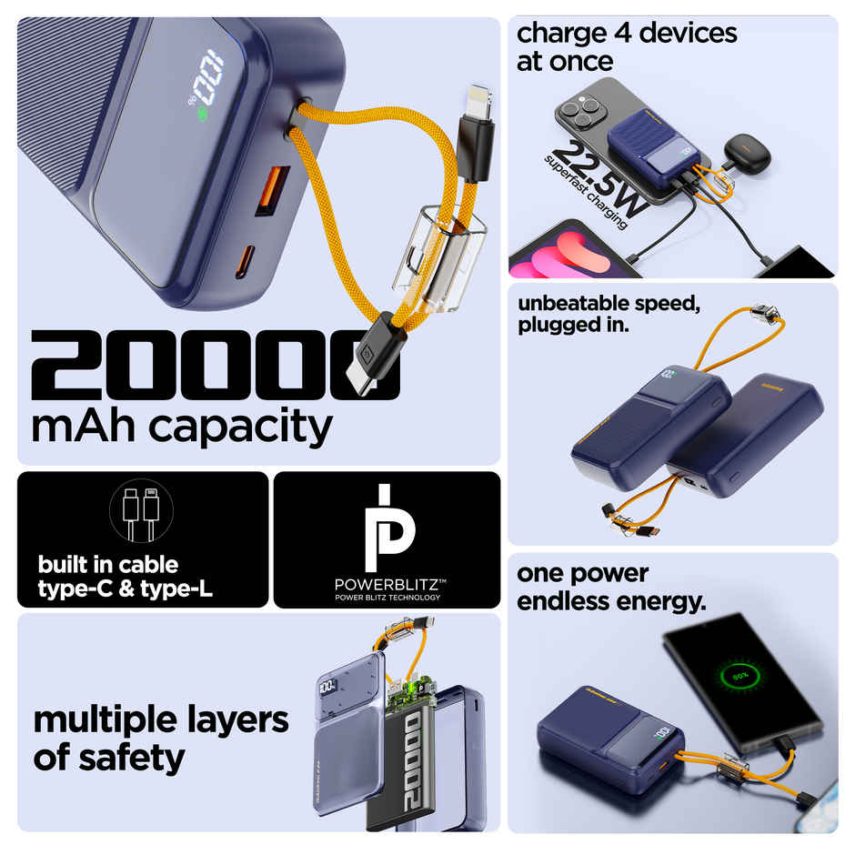 Dubstep Powerblitz X6 22.5W 20000 mAh Fast Charging Power Bank with Inbuilt Type C | Blue