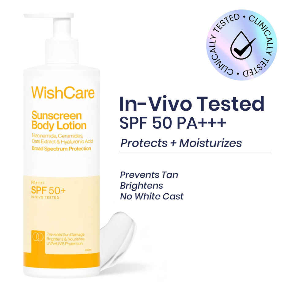 WishCare Sunscreen Body Lotion SPF 50 PA++++ | In-Vivo Tested | Body Sunscreen With No Cast