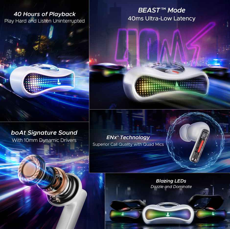 boAt Airdopes Drift W/ Beast Mode, Blazing Leds, 40 Hrs Playback & Enx Technology (White Sabre)