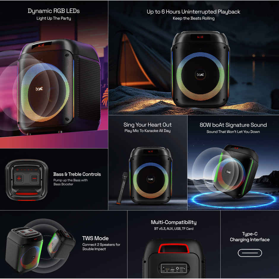 boAt PartyPal 220 Bluetooth Party Speaker w/ 80 W Signature Sound | RGB LEDs | Midnight Black