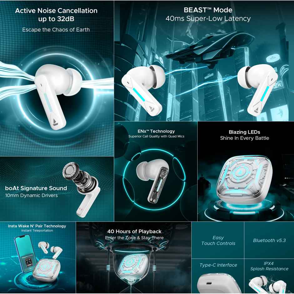 boAt Immortal Airspeed Pro TWS Earbuds w/ 32dB ANC,40H Playback & 4 Mics with ENx (White Sabre)