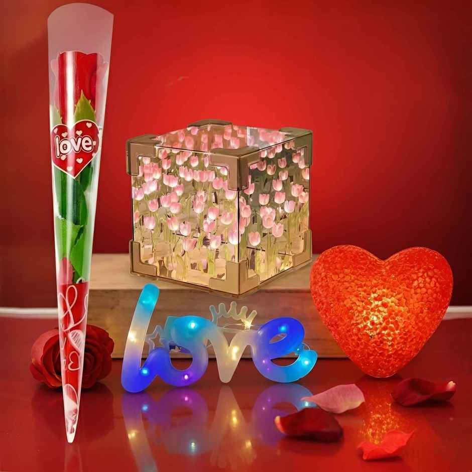 DesiDiya Mothers Day Gift Hamper - Scented Rose, Cube Tulip, Heart Lamp & Love Light