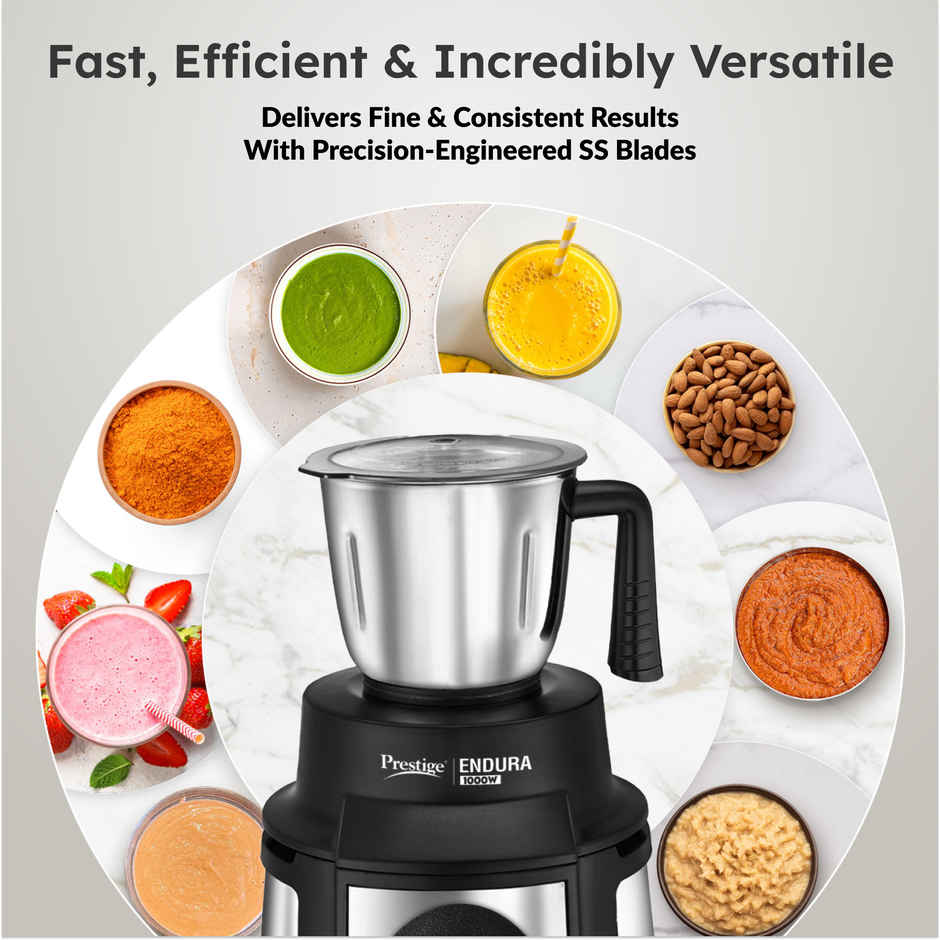 Prestige Endura 1000 Watts Mixer Grinder, Heavy-Duty Ball Bearing Copper Motor, 3 SS+1 Juicer, Black