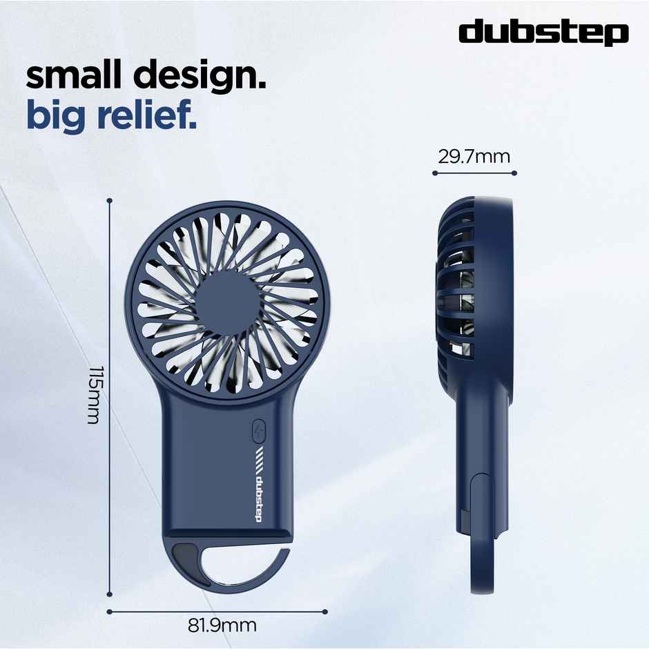 Dubstep 5Watt Flo-F1 Mini Handheld USB Rechargeable Desk Cooling Fan with 3x Speed Mode, Foldable Hook & Stand, 8000 RPM, 3 Speed, Powerful Mini Fan for Travel, Office, Kitchen, Lightweight & Quiet - Blue