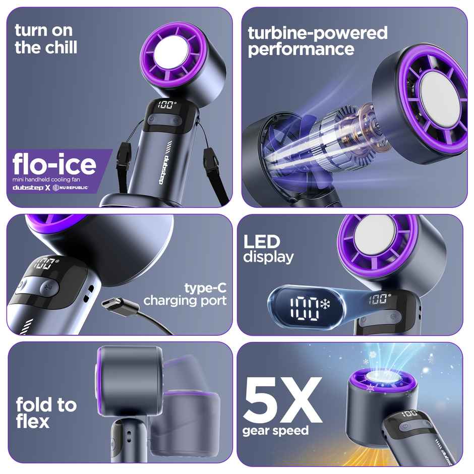 Dubstep Flo-Ice Mini Handheld USB Cooling Fan | LED Digital Display Built-In Chiller Tech - Purple/Black