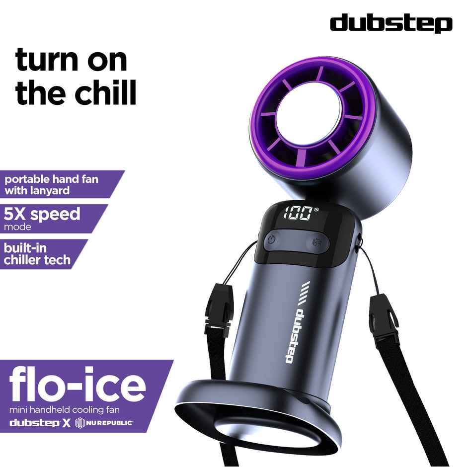 Dubstep Flo-Ice Mini Handheld USB Cooling Fan | LED Digital Display Built-In Chiller Tech - Purple/Black