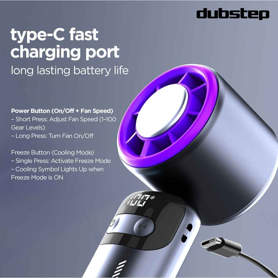 Dubstep Flo-Ice Mini Handheld USB Cooling Fan | LED Digital Display Built-In Chiller Tech - Purple/Black