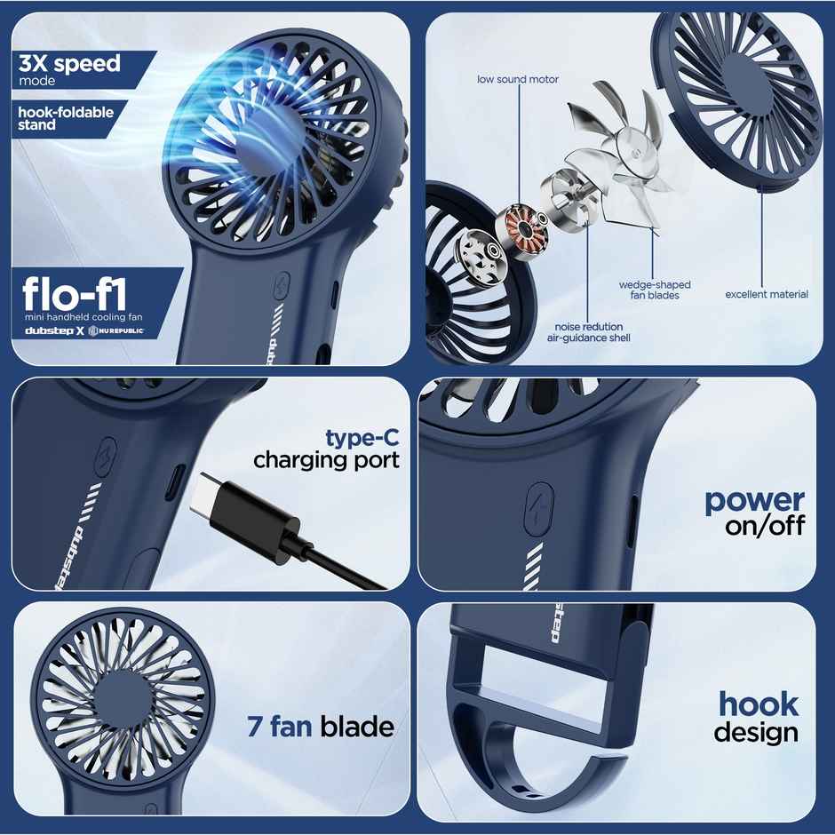 Dubstep 5Watt Flo-F1 Mini Handheld USB Rechargeable Desk Cooling Fan with 3x Speed Mode, Foldable Hook & Stand, 8000 RPM, 3 Speed, Powerful Mini Fan for Travel, Office, Kitchen, Lightweight & Quiet - Blue