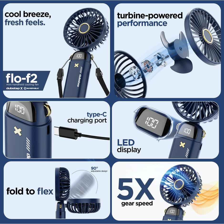 Dubstep Flo-F2 Mini Handheld USB Cooling Fan | LED Digital Display | Aroma Diffuser - Blue