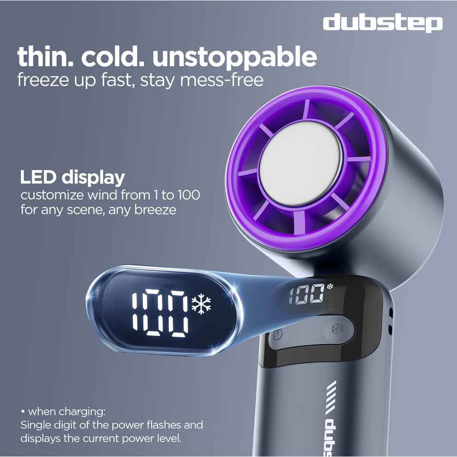 Dubstep Flo-Ice Mini Handheld USB Cooling Fan | LED Digital Display Built-In Chiller Tech - Purple/Black