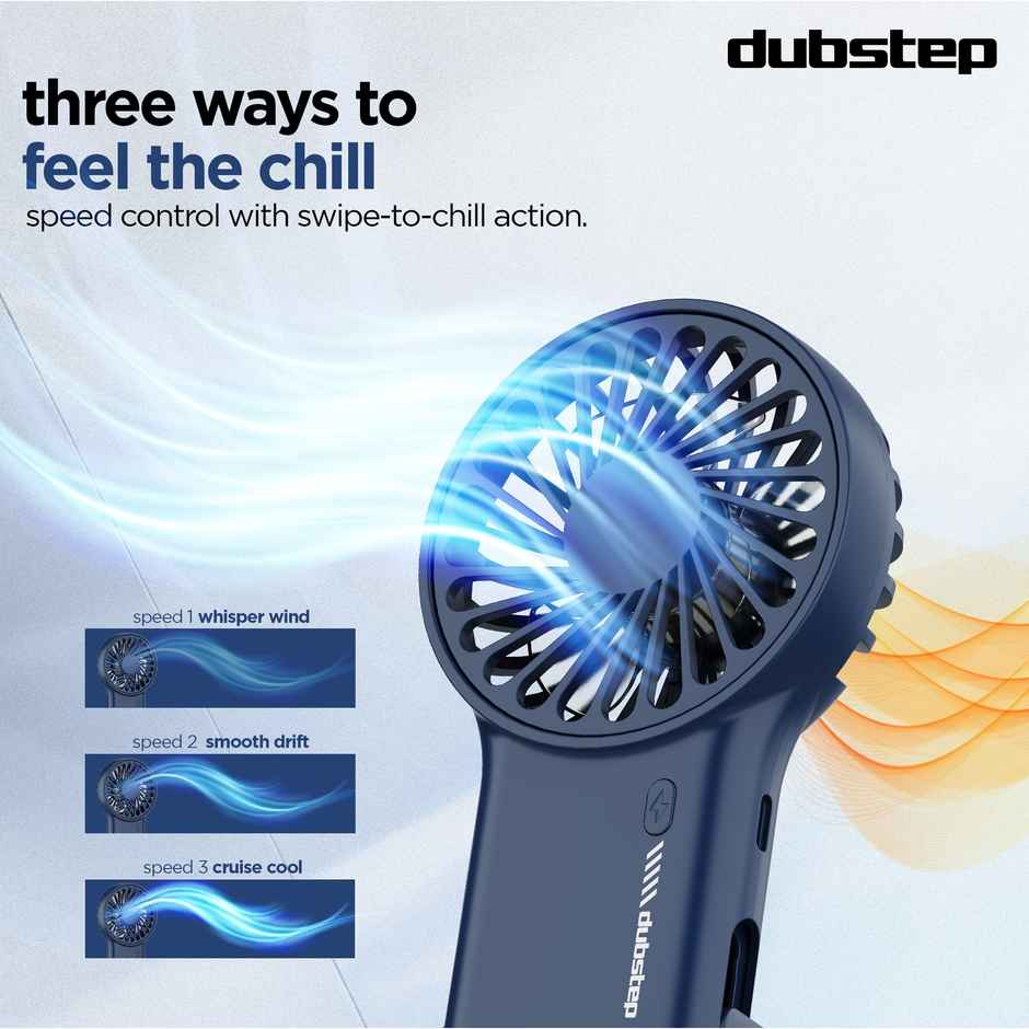 Dubstep 5Watt Flo-F1 Mini Handheld USB Rechargeable Desk Cooling Fan with 3x Speed Mode, Foldable Hook & Stand, 8000 RPM, 3 Speed, Powerful Mini Fan for Travel, Office, Kitchen, Lightweight & Quiet - Blue